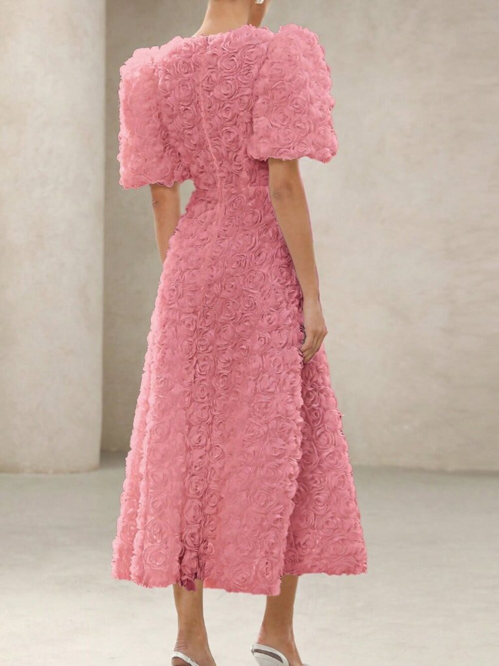 Pink Elegant Women's 3D Rose V-Neck Puff Sleeve Waist-Fitted Extra Long Dress - Picture 2 of 6